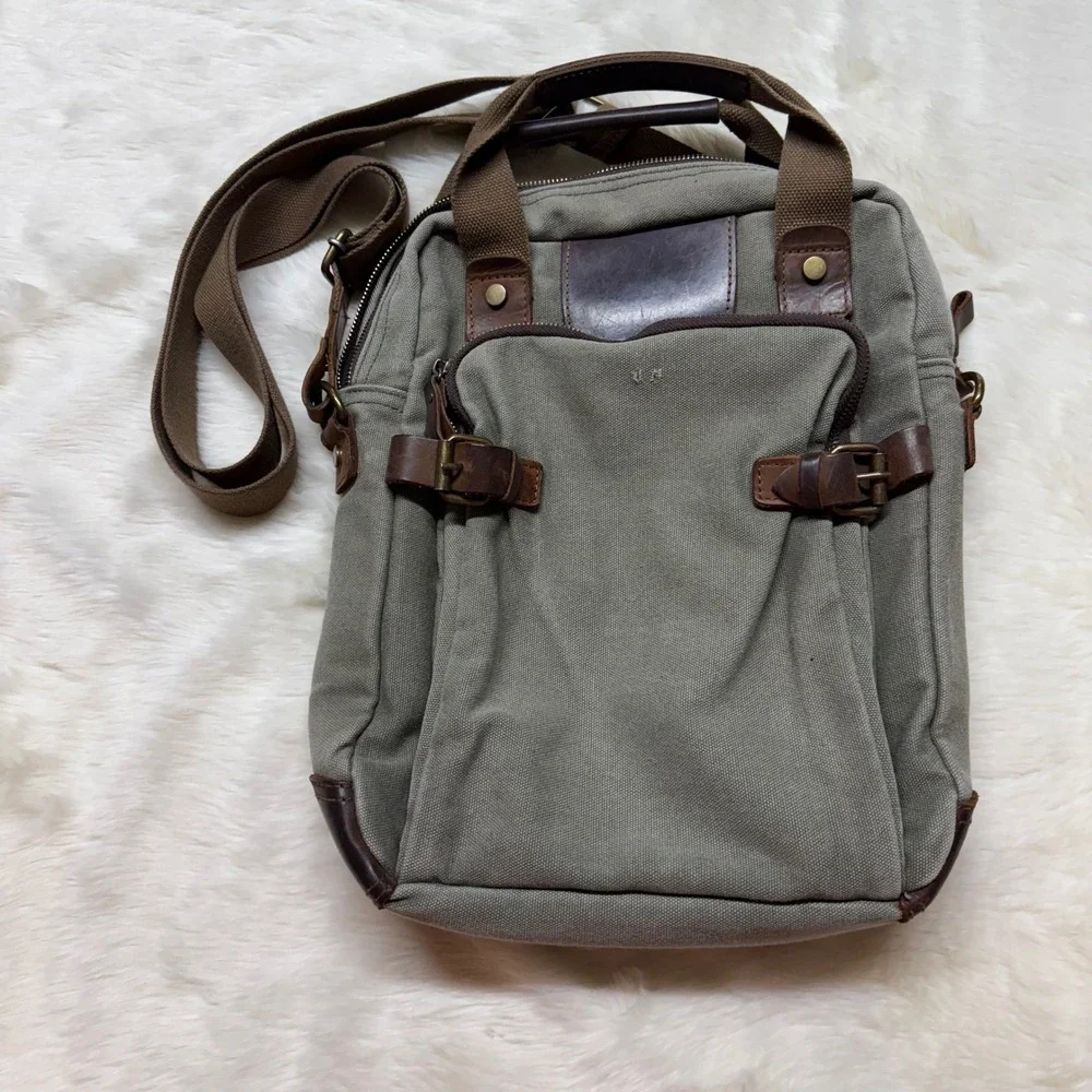 ACACIA Canvas Leather‎ Trim Messenger Bag Crossbody Satchel Khaki Green